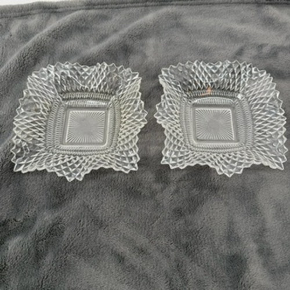 Vintage Clear Pressed Glass Square Diamond Point Bowls Scalloped Edge Set of 2